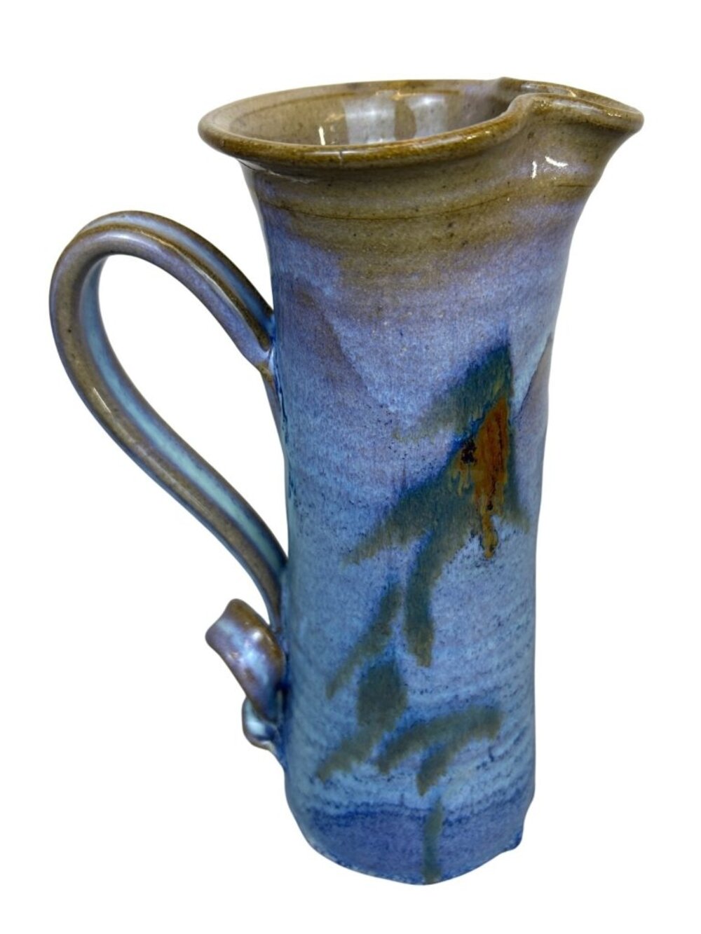 Studio Pottery Pitcher Blue Drip Glaze Ceramic Handmade Artist Signed Decor